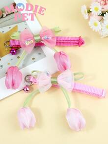1/4pcs Cute Tulip & Bow Decor Adjustable Pet Collar, Suitable For Daily Use On Cats & Dogs, Happy Pets - Multicolor - View 4
