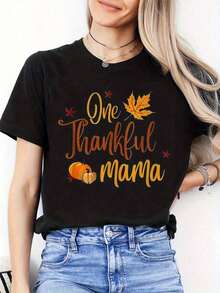 Camiseta Casual de Manga Corta con Cuello Redondo para Mujer - Estampado de Hojas de Arce y Calabaza de Otoño, Conjuntos Familiares a Juego para Mamás y Día de la Madre, Ropa Cálida de Otoño, Lavable a Máquina, Top Casual de Moda - Negro - Ver 6