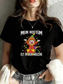 Camiseta de mujer, camiseta negra de manga corta con cuello redondo para damas, estampado divertido de payaso alemán, top original para fiestas de Halloween, camiseta casual de manga corta y corte holgado para uso diario, lavable a máquina, adecuada para fiestas navideñas, salidas informales, reuniones con amigos, atuendo festivo, regalo navideño, camisa elegante para fiestas, camisa elegante para eventos. - Negro - Ver 1