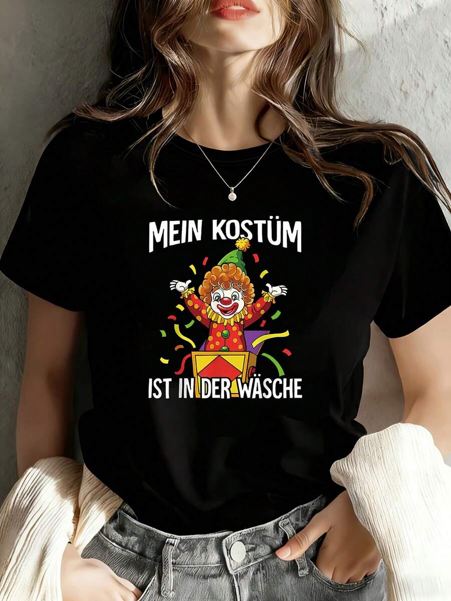 Camiseta de mujer, camiseta negra de manga corta con cuello redondo para damas, estampado divertido de payaso alemán, top original para fiestas de Halloween, camiseta casual de manga corta y corte holgado para uso diario, lavable a máquina, adecuada para fiestas navideñas, salidas informales, reuniones con amigos, atuendo festivo, regalo navideño, camisa elegante para fiestas, camisa elegante para eventos. - Negro - Ver 1