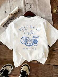 Camiseta Casual de Manga Corta para Mujer PremiumInalfi Italiana - con el eslogan "Meet in Positano" y estampado veraniego italiano, estampado blanco y azul, cuello redondo holgado, tela transpirable, adecuada para primavera, verano y otoño, lavable a máquina, camiseta italiana, moda de viaje, top de cuello redondo, elasticidad media, ecológica. - Blanco - Ver 1
