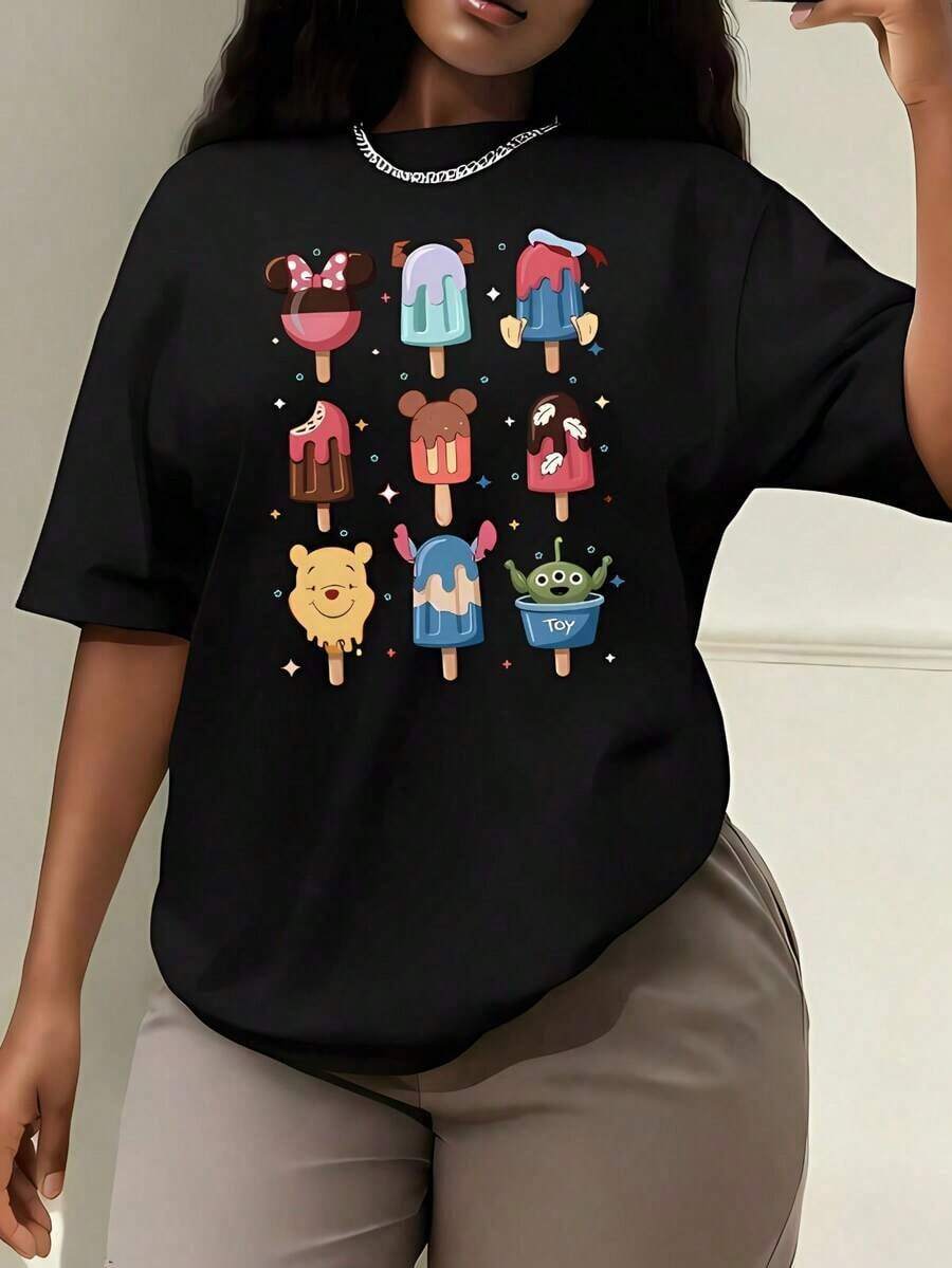 Camiseta Casual de Algodón para Mujer, Manga Corta, Corte Regular, Cuello Redondo, con Estampado de Helado de Dibujos Animados - Negro - Ver 1