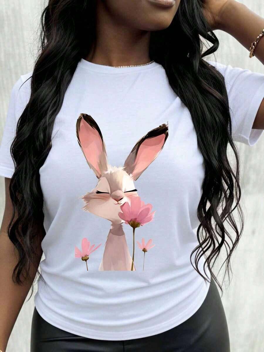 Camiseta Gráfica de Conejito con Flores Rosadas para Mujer, Top Casual de Moda, Estilo Primavera Verano, Playera Holgada para Mujer - Blanco - Ver 1