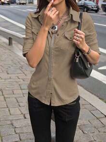 Camisa informal de manga larga en color caqui con cintura ceñida y utilidad, vestimenta casual para exteriores y para ir al trabajo, otoño - Marrón Mocha - Ver 3