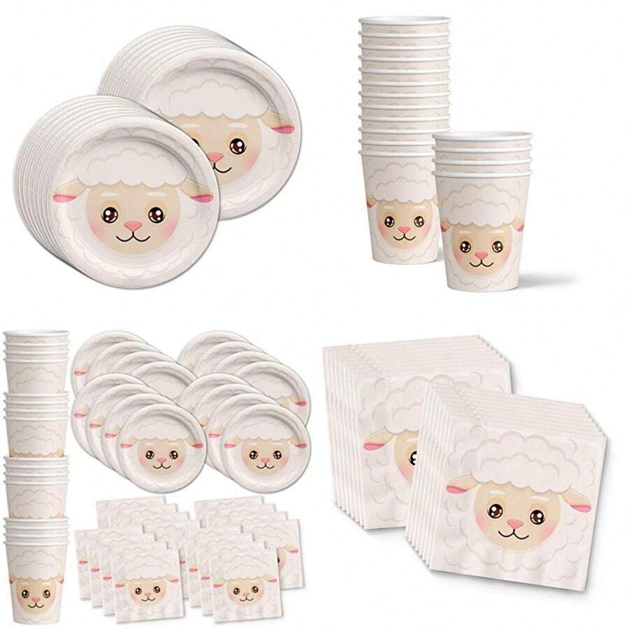 Juego de suministros para fiesta de cumpleaños de s platos servilletas tazas vajilla para 16 - Oveja - Ver 1
