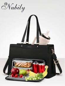 2-In-1 Insulated Lunch Tote Bag With 15.6" Laptop Compartment, PU Leather Work Tote Bag With Cooler Section, Waterproof Leakproof Lunch Box Handbag, Large Capacity Shoulder Bag For Office, Picnic, Travel, Commuting - 黑色 - 查看 1