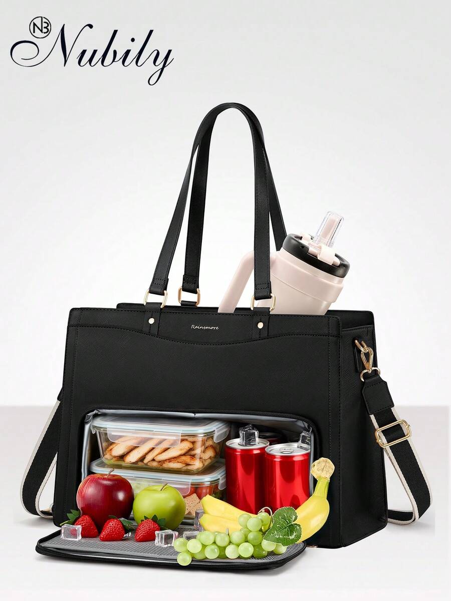 2-In-1 Insulated Lunch Tote Bag With 15.6" Laptop Compartment, PU Leather Work Tote Bag With Cooler Section, Waterproof Leakproof Lunch Box Handbag, Large Capacity Shoulder Bag For Office, Picnic, Travel, Commuting - 黑色 - 查看 1