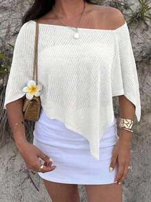 2026  Chal elegante de estilo bohemio para vacaciones de mujer, jersey holgado de punto sin hombros con bajo asimétrico, parte superior ligera de protección solar - Blanco - Ver 12