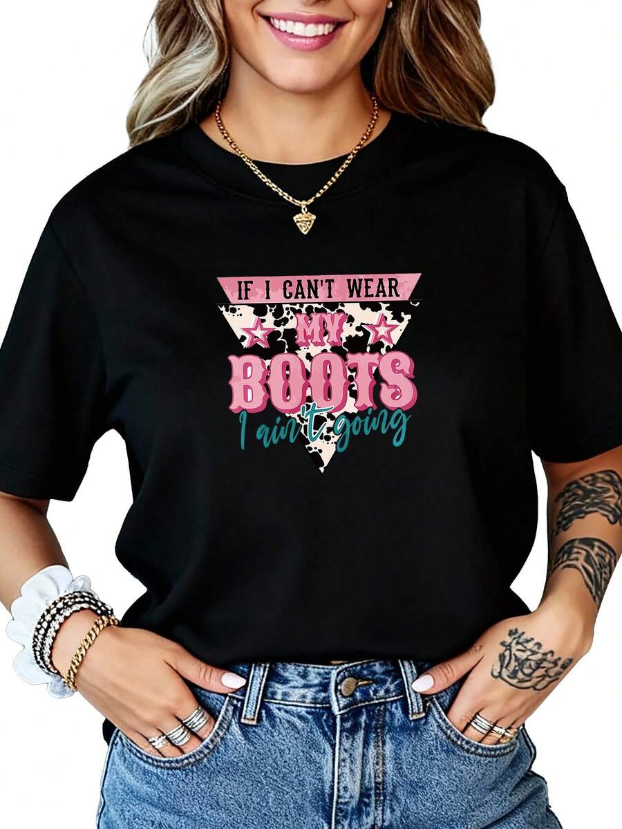 Camiseta negra de manga corta para mujer con estampado, para uso diario casual, imprescindible para el verano - Camiseta unisex de algodón holgada de manga corta y cuello redondo estilo vintage urbano. - Negro - Ver 1