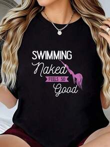 Camiseta gráfica informal y divertida con estampado 'Nadar se siente tan bien', cuello redondo, estilo artístico, camiseta de verano. Camisetas de algodón de verano Wo Wo, suaves e informales para mujer. - Negro - Ver 7