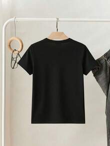 Camiseta holgada de manga corta con cuello redondo y estampado de pintura pintada a mano retro inglesa de amor para mujer - Negro - Ver 2
