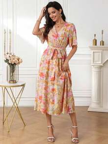 Vestido casual de vacaciones con estampado de plantas y manga corta para mujer - Multicolor 2 - Ver 4