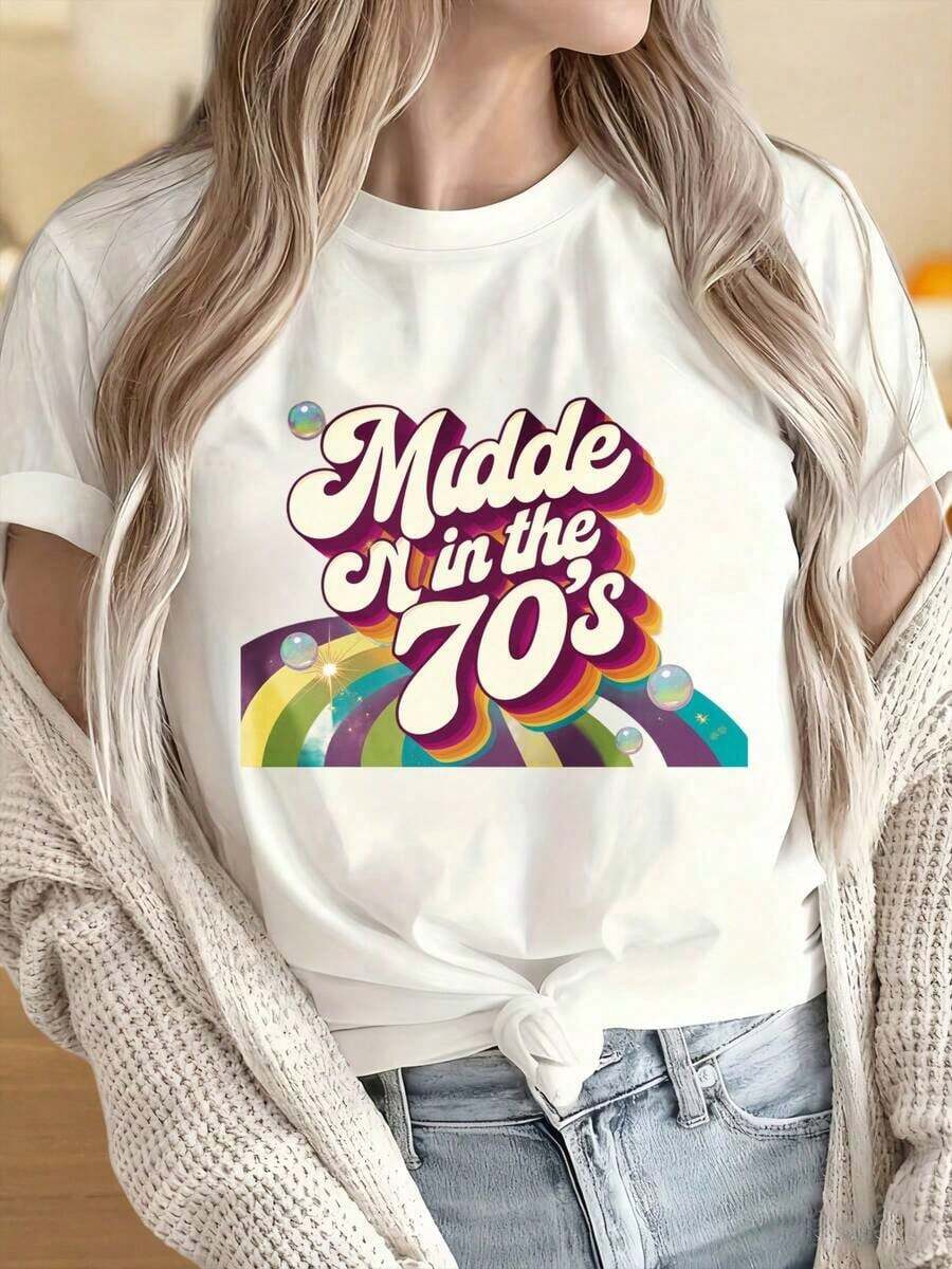 Women's And Men's Round Neck Short Sleeve T-Shirts, Retro Vintage 70s Style With Rainbow Design For Women, Fashionable Unisex Casual T-Shirt, 70s Style, Graphic T-Shirt With Fun Prints, Suitable For Christmas Parties, Sports Activities, Holiday Parties, Outings, Sports And Other Festive Gifts. - 白色 - 查看 1