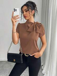 Camisa de mujer con mangas abombadas, nudo en el cuello y unicolor, casual y versátil, para primavera/verano - Marrón - Ver 3