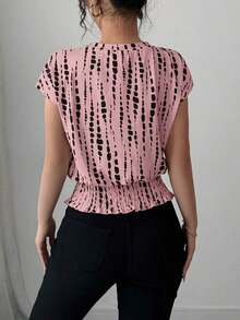 Camiseta de mujer de cuello redondo con estampado, cintura elástica, mangas raglán, apta para primavera/verano/otoño/invierno.Ropa de mujer elegante para conciertos, eventos, diario, commute, bodas, festivales de música. - Rosa coral - Ver 2