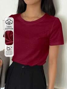 Camiseta De Manga Corta Con Cuello Redondo Y Color Sólido - Burdeos - Ver 1