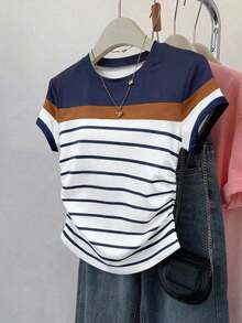 Camiseta de manga corta con pliegues y rayas, casual de verano para mujer - Multicolor 11 - Ver 1