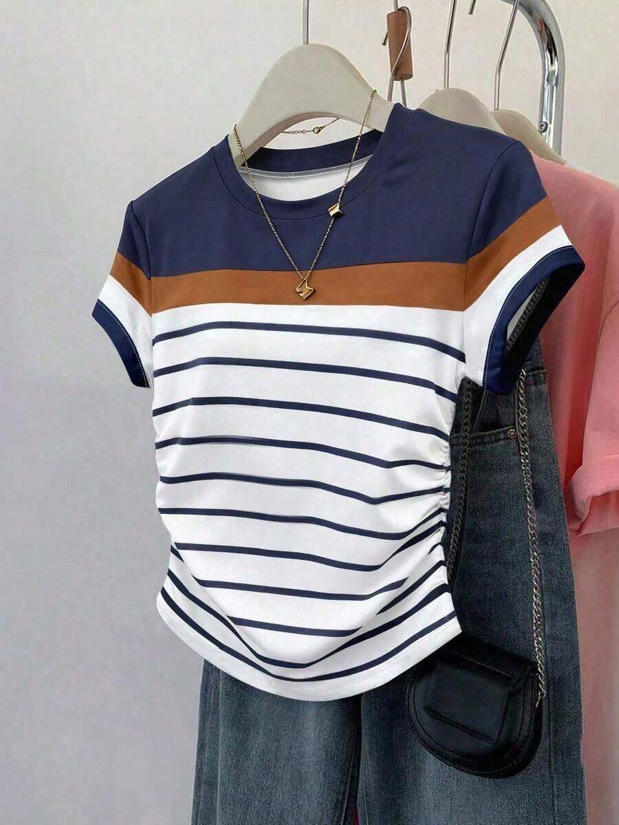 Camiseta de manga corta con pliegues y rayas, casual de verano para mujer - Multicolor 11 - Ver 1