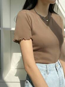 Blusa de punto acanalado con ribete de lechuga, estilo preppy de verano - Marrón - Ver 9
