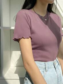 Blusa de punto acanalado con ribete de lechuga, estilo preppy de verano - Púrpura malva - Ver 6