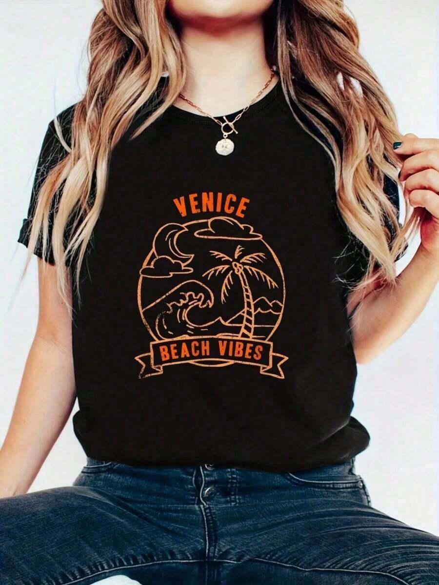 100% Cotton Summer T-Shirt "Beach Vibes, Venice Vacation, Beach Lover" - Soft Summer T-Shirts, Women's Vacation Clothes, Spring And Summer Going-Out T-Shirts, Graphic Tees For Sports Lovers, Graphic Tees For Women - 黑色 - 查看 1