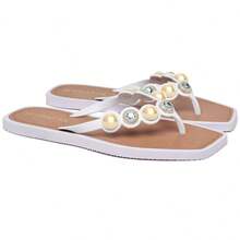 Chinelo Feminino Rasteira Esferas Metalizadas Detalhes Azuis - Branco - Visão 8
