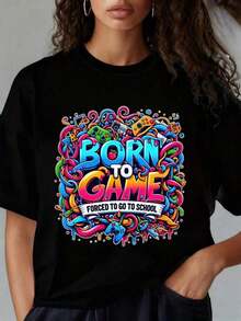 Camiseta de manga corta para mujer, camiseta de cuello redondo con estampado divertido de San Valentín, camiseta gráfica de moda para mujer. - Negro - Ver 6