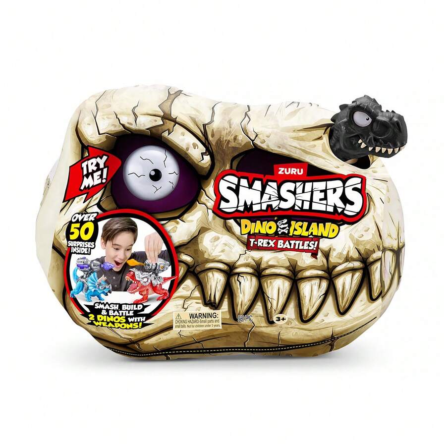 ZURU Juguete de dinosaurio Smashers Dino Island T-Rex Battles, set de juego de calavera mini o grande con 2 dinosaurios en batalla, talla grande de 20 o 50 sorpresas, huevos para romper, arena, slime y figuras de dinosaurios coleccionables para niños y niños