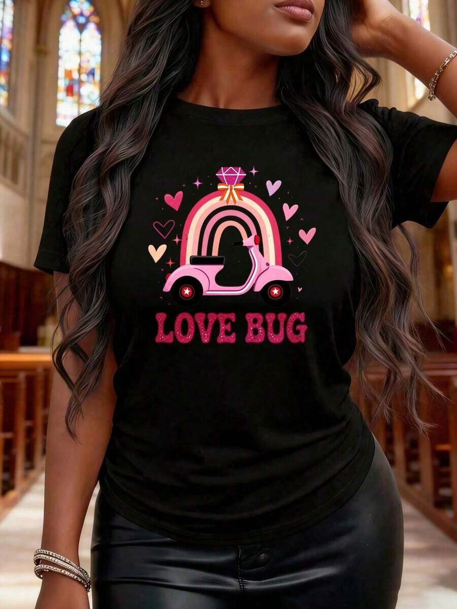 Camisetas de manga corta de verano para mujer, divertidas camisetas estampadas con cuello redondo, diseño de Love Bug, scooter rosa, corazón arcoíris, camiseta gráfica de moda casual para mujer, regalo de San Valentín para ella, adecuado como regalo para las fiestas, tops de mujer vintage. - Negro - Ver 1