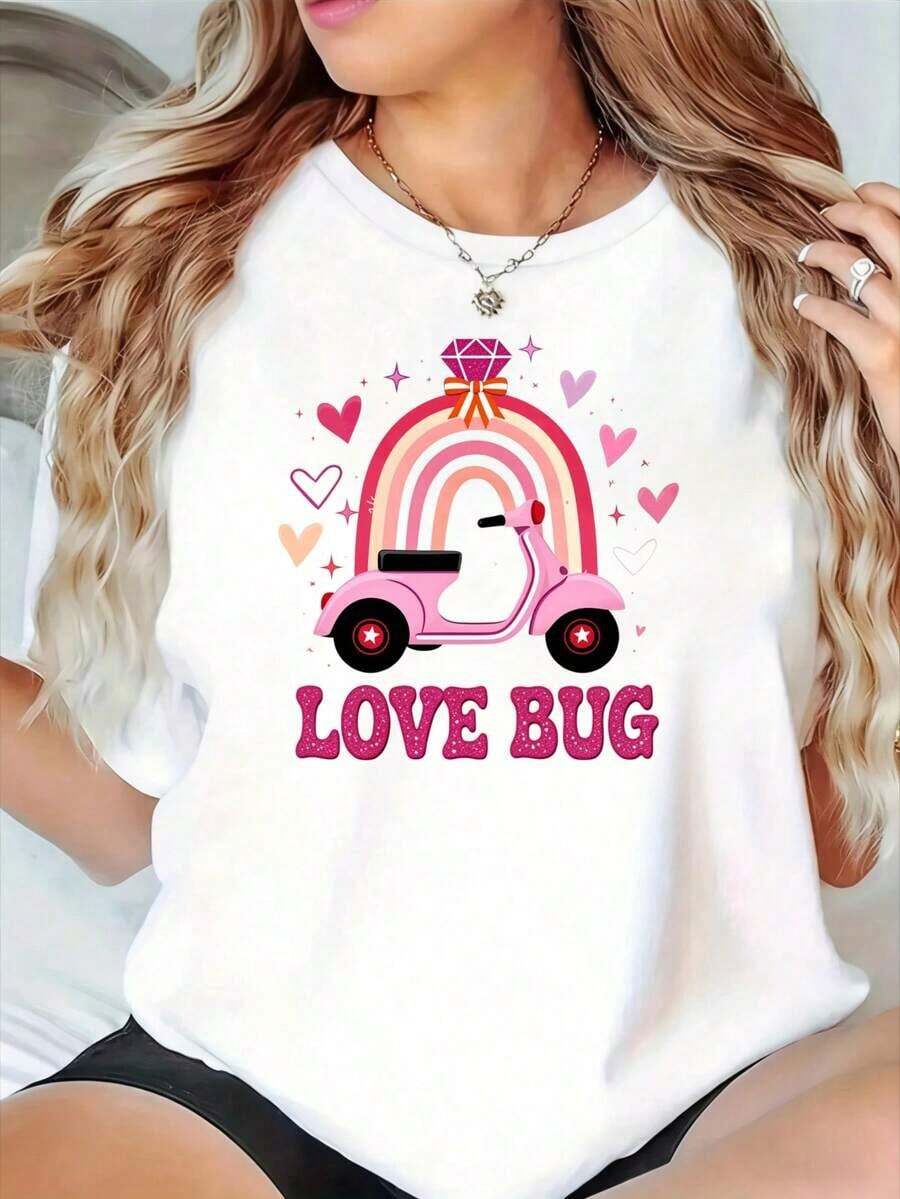 Camisetas de manga corta de verano para mujer, divertidas camisetas estampadas con cuello redondo, diseño de Love Bug, scooter rosa, corazón arcoíris, camiseta gráfica de moda casual para mujer, regalo de San Valentín para ella, adecuado como regalo para las fiestas, tops de mujer vintage. - Blanco - Ver 1