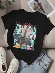 Camiseta de Cuello Redondo para Mujer con Estampado Gráfico de la Ciudad de Nueva York, Manga Corta, Estilo Casual Urbano para Uso Diario y Viajes, Ropa Fresca de Verano para Mujer - Negro - Ver 2