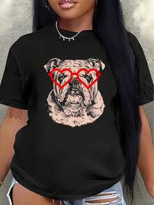 Camiseta de manga corta de poliéster, decorada con un patrón de gafas en forma de corazón de bulldog, es ligera y resistente, ideal para uso casual en casa o en restaurantes, y es cómoda y de buen ajuste para el uso diario. - Negro - Ver 7