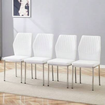 [4er-Set] Schicke Esszimmerstühle Im Leicht-Luxus-Stil: White PU-Rückenlehne Mit Senkrechter Prägung + Metallene Silberbeine. Passend Für Esszimmer Or Wohnzimmer Im Leicht-Luxus-Design.