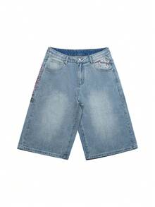 Men Six-Point Shorts Retro Cherry Blossom Embroidered Loose Wide-Leg Denim Jeans With Fake Pockets In Back - Light Wash - View 8