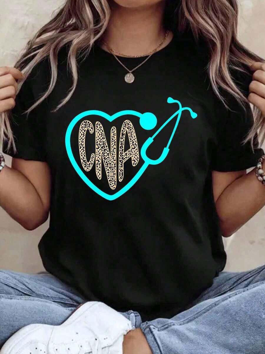 Leopard Print Nurse T-Shirt With Heart-Shaped Stethoscope For Certified Nursing Assistant, Healthcare Workwear, 220g - Urban Vintage Style, Unisex, Loose Fit Short Sleeve Cotton Crew Neck T-Shirt, 100% Cotton - 黑色 - 查看 1