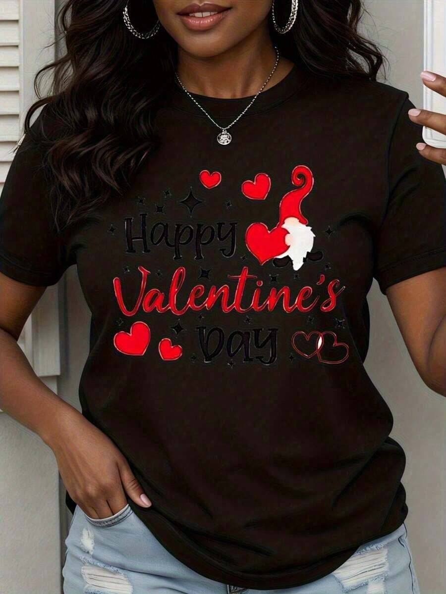 Camiseta de Mujer con Estampado de Corazón de Gnomo para el Día de San Valentín, Regalo Romántico y Lindo, Estilo Vintage Urbano, Unisex, de Algodón, Manga Corta, Cuello Redondo, 100% Algodón - Negro - Ver 1