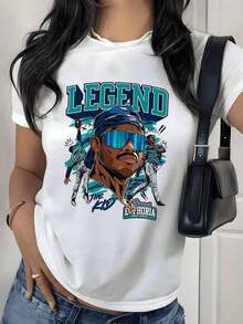 Camiseta con Estampado Gráfico de Leyenda del Béisbol, 180g, 1 Pieza, Temática Deportiva, Casual para Mujer, 100% Algodón, Estilo Streetwear - Blanco - Ver 9