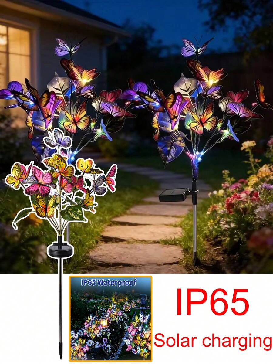 2/1pc Wireless Solar Butterfly-Shaped Floor Lamp With IP65 Protection And Seven-Color Gradient Lighting. Embroidered Butterfly + Stainless Steel Pole. Suitable For Various Scenarios Such As Villas, Courtyards, Lawn Greening, And Guesthouse Scenes. - Solar Butterfly Ground Light - View 1