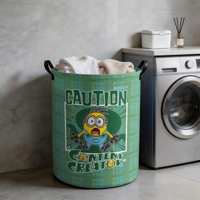 Miniso Giỏ đựng đồ giặt in hình Minions Caution dành cho người sáng tạo nội dung, có thể gấp gọn, có tay cầm, dùng để sắp xếp đồ đạc trong phòng giặt, phòng ngủ và các phòng khác.