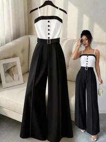 Pantalones anchos de pierna con botones metálicos de contraste en blanco y negro, con cintura ajustada, adecuados para el trabajo y el transporte, primavera/verano - Negro - Ver 1