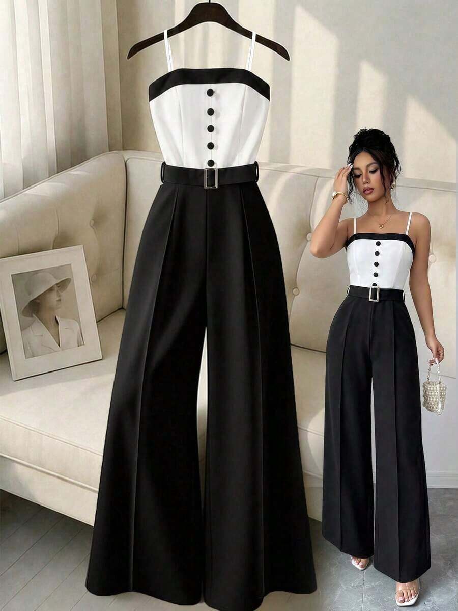 Pantalones anchos de pierna con botones metálicos de contraste en blanco y negro, con cintura ajustada, adecuados para el trabajo y el transporte, primavera/verano - Negro - Ver 1