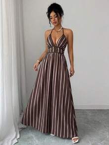 Vestido casual de vacaciones con estampado de rayas y tirantes finos para mujer, vestido de línea A de cintura alta con rayas de color contrastante, vestido de tirantes finos marrón, vestido a rayas, vestido a rayas rosa y marrón, vestido retro francés elegante y estilizador de cuello cuadrado con tirantes finos, vestido elegante de verano para vacaciones, vestido elegante para mujer, vestido de vacaciones, conjunto de vacaciones de verano, vestido elegante y sexy de mujer con cuello cuadrado profundo y tirantes finos a rayas, vestido con ribete de contraste, vestido casual de vacaciones - Marrón - Ver 7