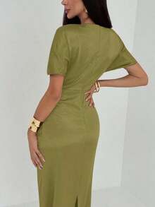 Vestido largo elegante de unicolor con cintura fruncida y plisado, adecuado para fiestas y salidas - verde menta - Ver 2