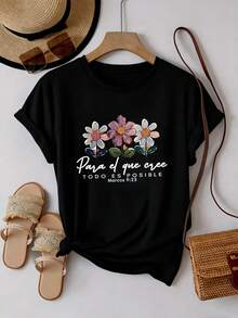Women's Casual Short Sleeve Round Neck Drop Shoulder Knitted Floral Print T-Shirt, Regular Length - Negro - Ver 3