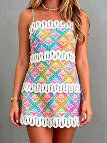 Floral Print Mini Dress Spaghetti Strap Lace Trim A Line Dress Cute Summer Outfit For Women - Rainbow Colors - View 2