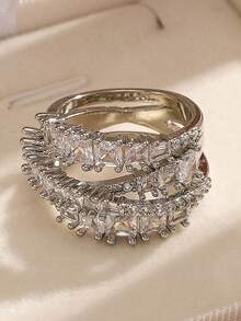 1 pieza Anillo de banda ancha con circonita cúbica chapado en oro blanco de lujo y elegante, adecuado para el uso diario, citas/eventos formales, regalo de vacaciones para mujeres - 1 pieza de estilo B - Ver 1
