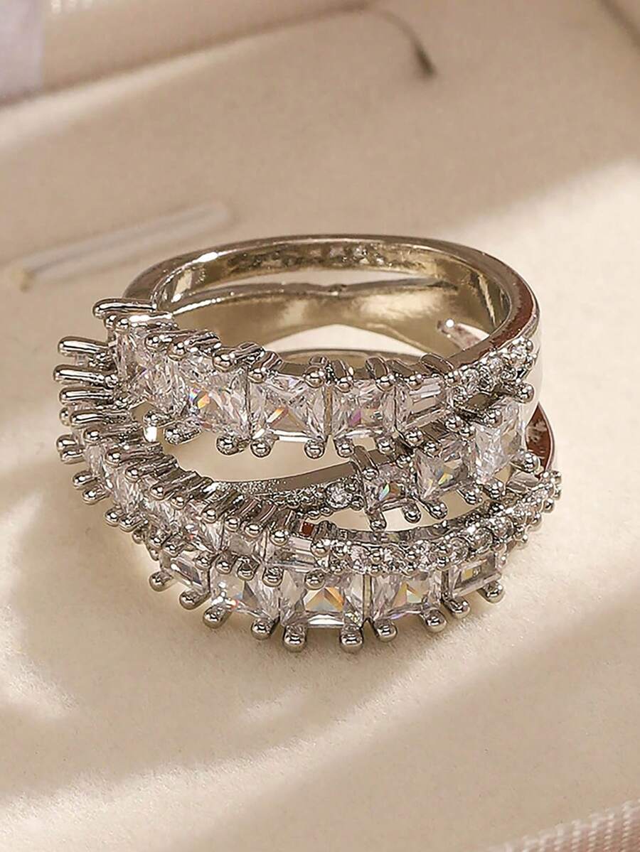 1 pieza Anillo de banda ancha con circonita cúbica chapado en oro blanco de lujo y elegante, adecuado para el uso diario, citas/eventos formales, regalo de vacaciones para mujeres - 1 pieza de estilo B - Ver 1