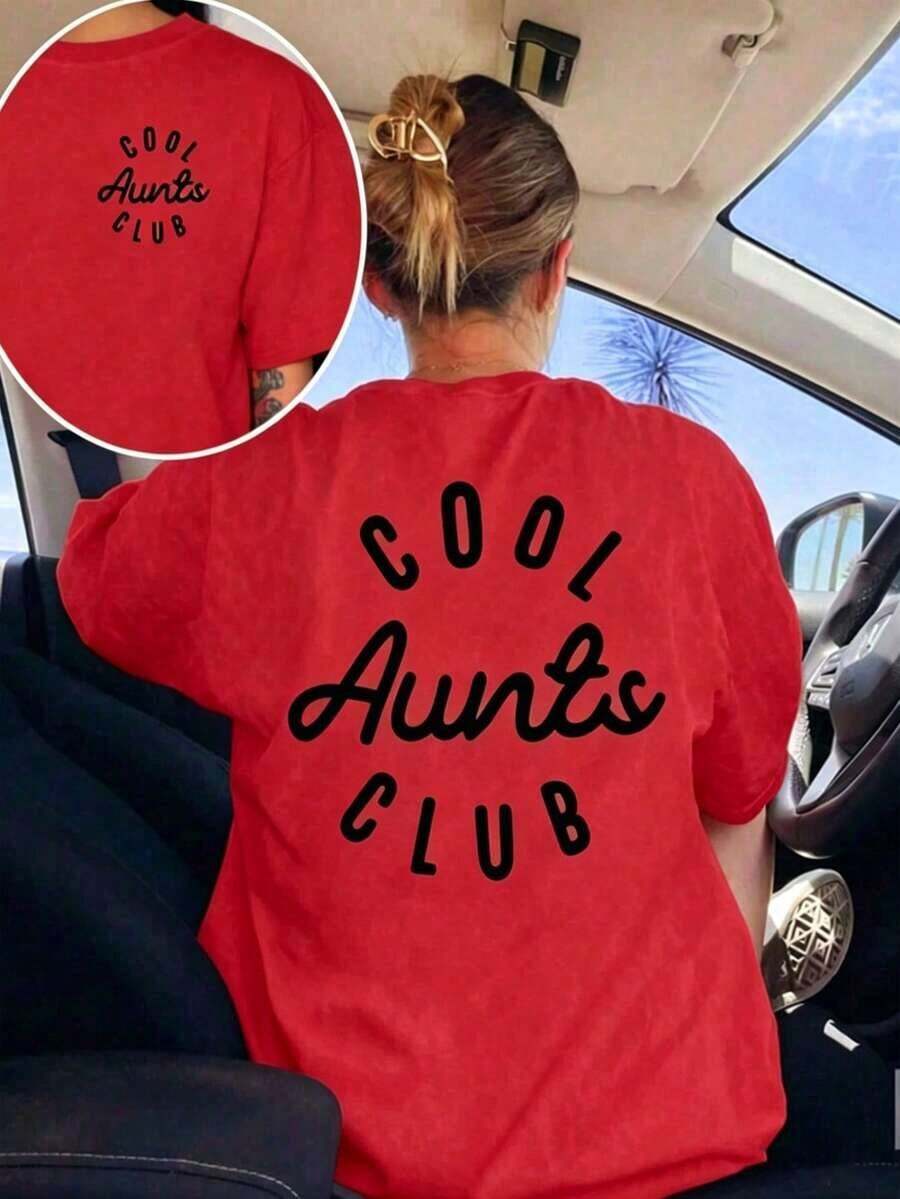 Camiseta de manga corta para mujer con estampado Cool Aunt'S Club | Camiseta casual blanca de cuello redondo, elástica, lavable a máquina, adecuada para primavera/verano/otoño. - Rojo - Ver 1