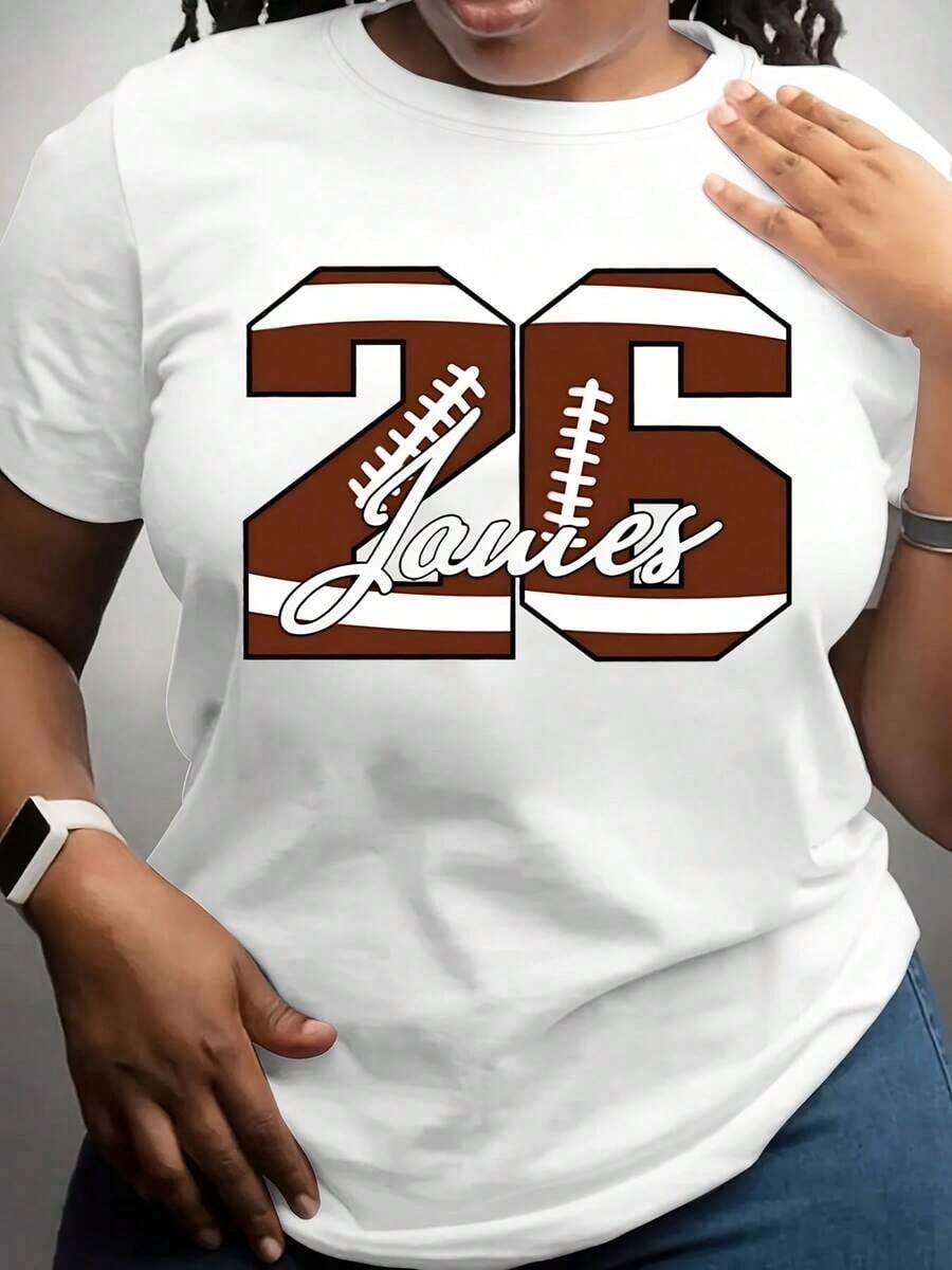 100% algodón, camiseta de mujer, con el número 26 de fútbol y el diseño de texto de James estampado, ideal para aficionados al deporte y para uso diario. - Blanco - Ver 1