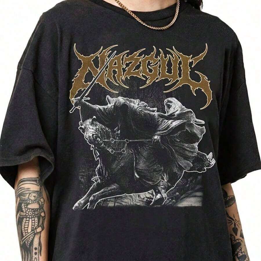 short-sleeveCamiseta vintage de los años 90 de Nazgûl, camiseta desgastada de Nazgûl de la Tierra Media, camiseta gráfica de fantasía oscura100% Cotton - Negro - Ver 1